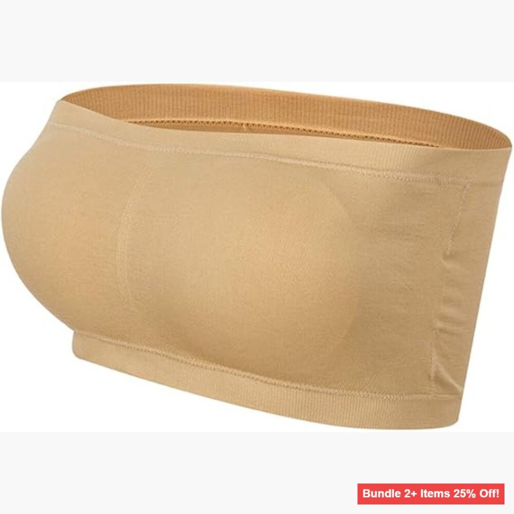 Seamless Strapless Bandeau Bra with Removable Pads, Light Support, Size Medium